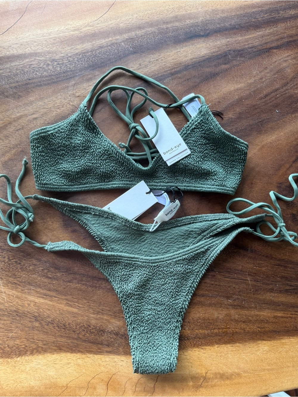 bond-eye Olive Green Textured Triangle Bikini Set with Tie Straps